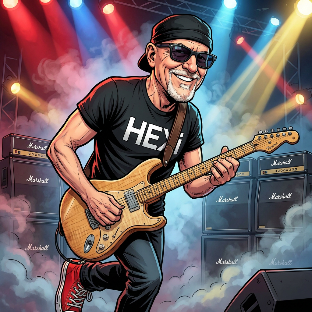 Mark Kendall caricature — cartoon portrait with guitar and Marshall stacks