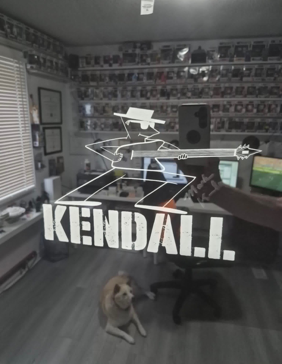 Etched Kendall logo glass panel with a guitarist illustration