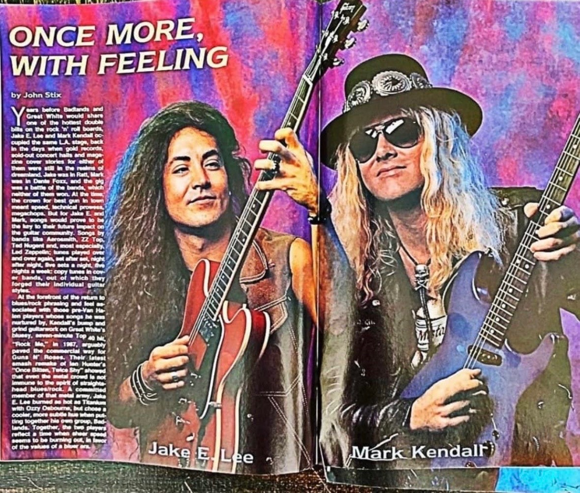 Vintage guitar magazine spread featuring Jake E. Lee and Mark Kendall