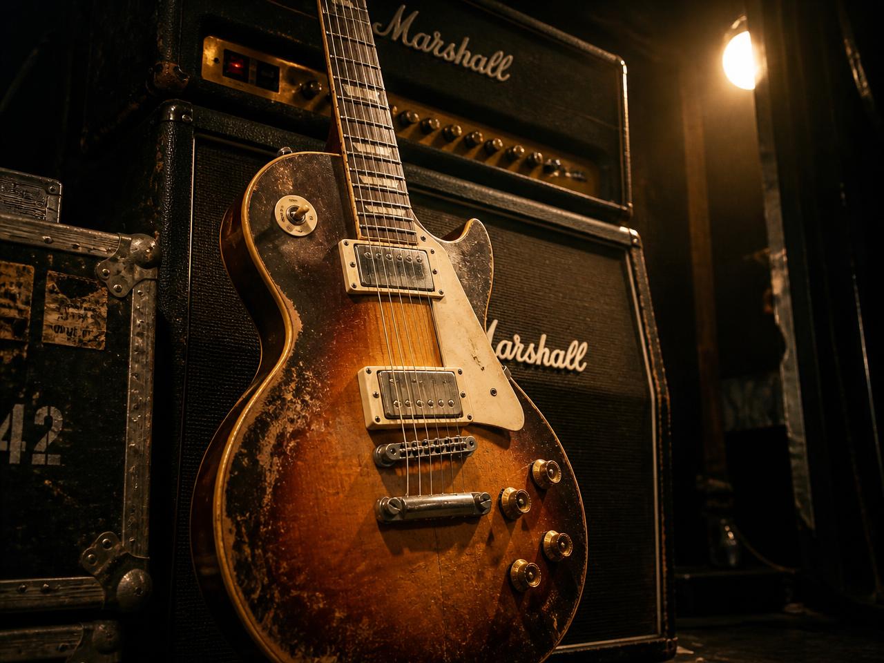 Worn sunburst Les Paul leaning against a stack of Marshall amplifiers